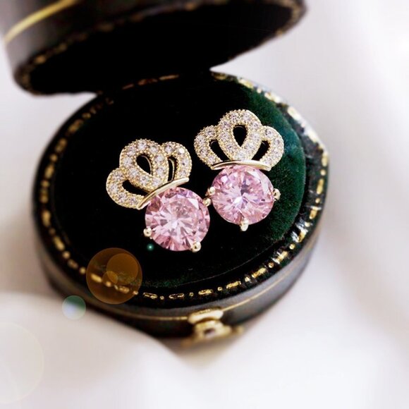 Pink Crystal CZ Crown Shape Stud Earrings for Women, HA4503 - Picture 2 of 3